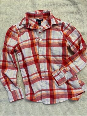 Lands' End Red, Orange & White Plaid Button-Down Shirt Flannel